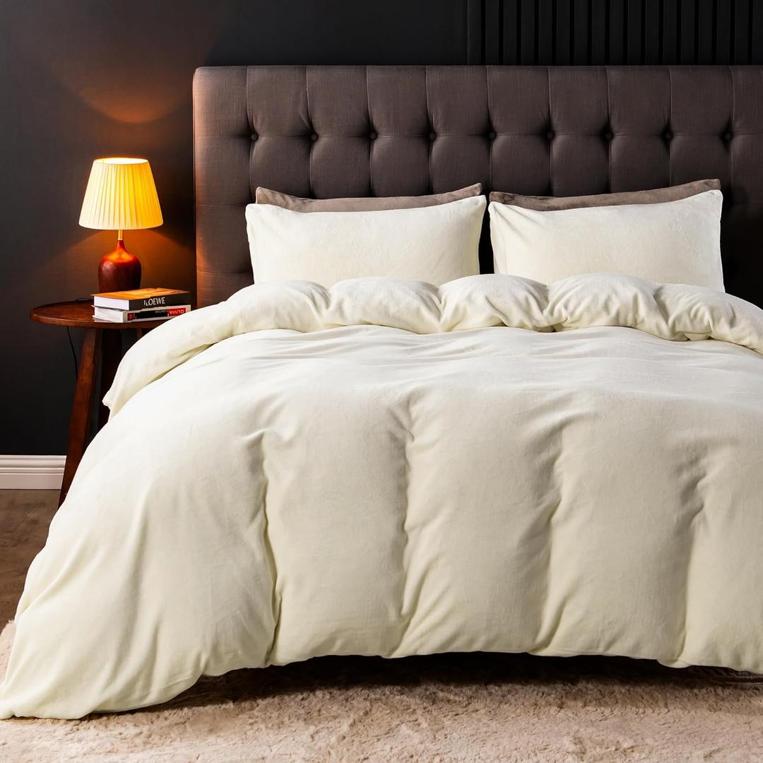 JELLYMONI Beige Velvet Duvet Cover King Size - Ultra Soft Flannel Comforter Cover, 3-Piece Luxury Fluffly Duvet Cover with 8 Corner Ties & Zipper Closure