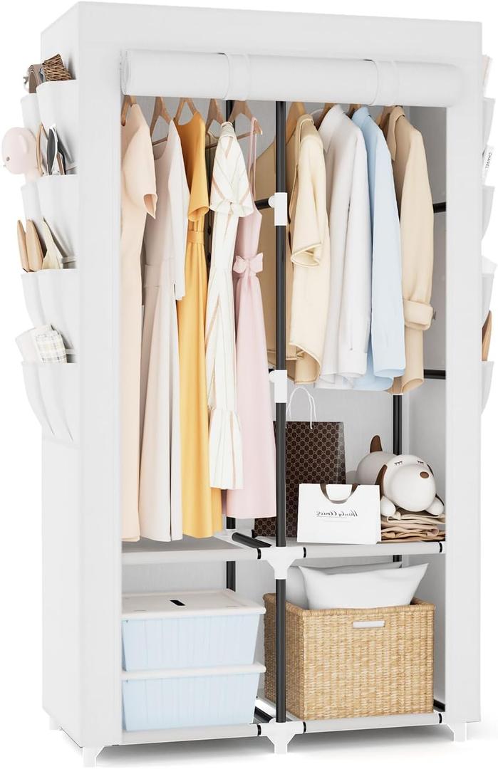 Portable Closet for Hanging Clothes, Portable Wardrobe Closet with Cover, 4 Storage Shelves, 2 Hanging Rods and 8 Side Pockets, Easy Assembly and Sturdy Free Standing Closet for Bedroom, White (2 Row - 34.5'' Wide)