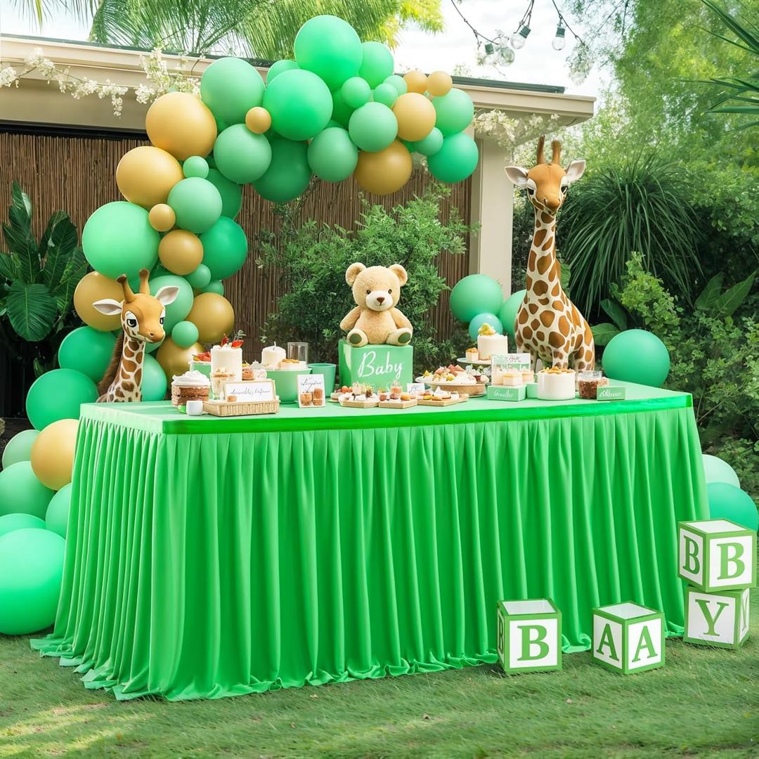 Partisky Green Polyester Table Skirt for Rectangle Tables 9ft, Wrinkle Resistant Pleated Ruffle Table Cloth for Banquet Wedding Trade Baby Shower Display Gift Dining Table