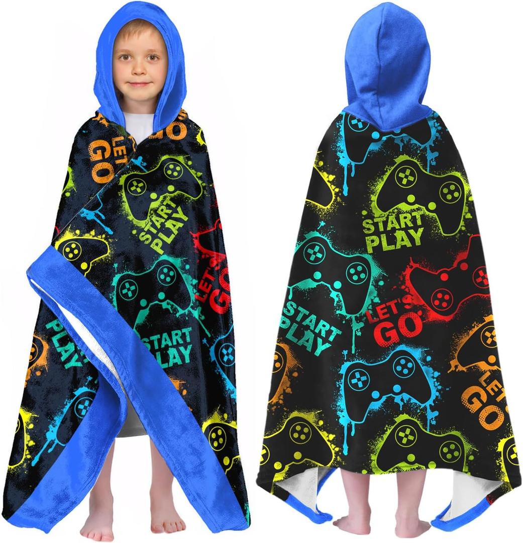 Video Gamer Boys Beach Towel with Hoodie for Kids Toddlers Age 4-8,Game Controller Black Bath Towels Shower Wrap for Boys, Hooded Poncho Beach Blanket for Pool Swimming Wearable Bath Towel for Child (30'' X 50'')