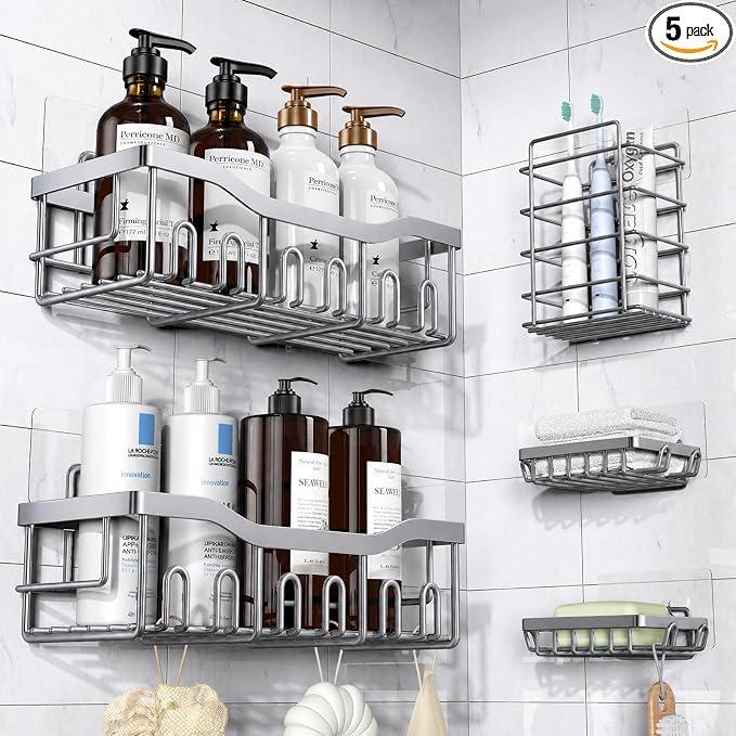 EUDELE 5-Pack Rustproof Stainless Steel Shower Caddy No Drill Adhesive Bathroom Organizer with Large Capacity, Spacious Shower Shelves for Inside Shower, Kitchen & Home Decor Storage-XL Size