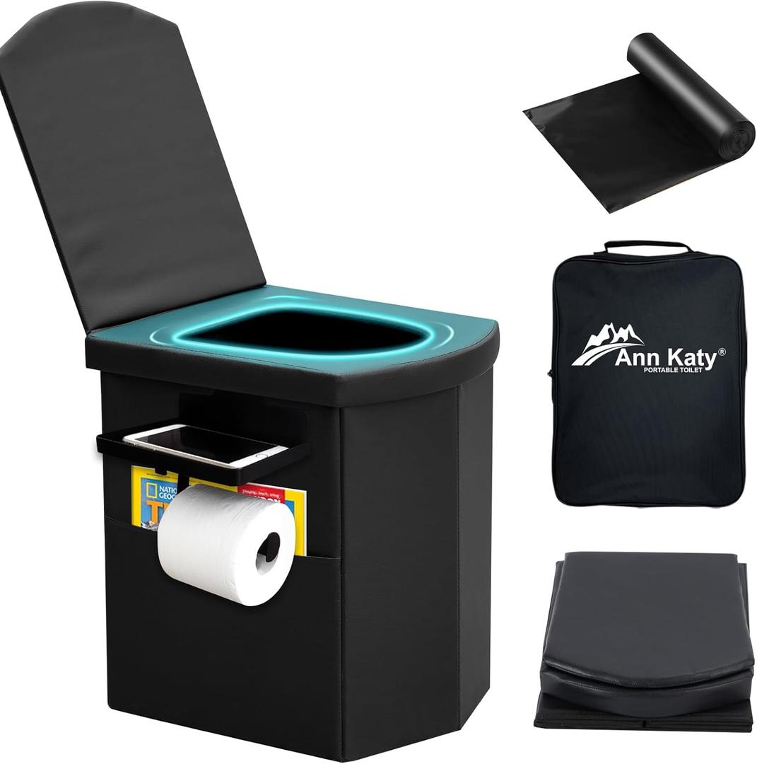 Upgrade XL Portable Toilet for Adults, Extra Large Portable Travel Folding Toilet, Camping Tall Toilets with Lid for Adults and Kids Compact Potty for Car, Hiking, Beach and Camping (Dark black)