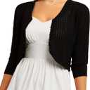 Womens Summer 3/4 Sleeve Bolero Shrug for Dress Open Front Scalloped Knit Cropped Cardigan Sweater Lightweight (Black, M)