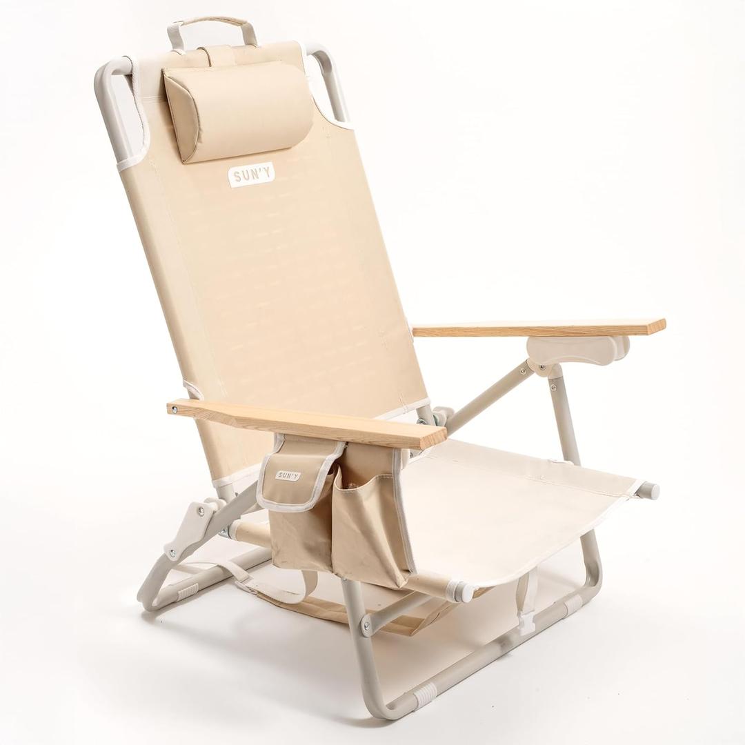 SUN'Y Escapes Backpack Beach Chair - Made w/Ocean Bound Plastics, Customizable w/MOLLE Accessories, Ultra Lightweight, Low-Seat Natural Comfort, Durable, Rust Free & Waterproof - Natural Sand, Length: 2 ft 1 in, Width: 2 ft, Height: 2 ft 6 in