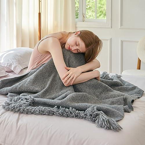 Blanket Throw Cozy, Warm, and Hypoallergenic Alpaca Merino Wool Throw Blanket for Couch, Bed and Home Décor, Heather Grey