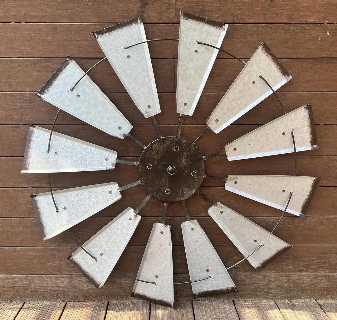 Nightclawing Rustic Metal Windmill Wall Decor, 36 x 36 inches, Farmhouse Style (Silver)