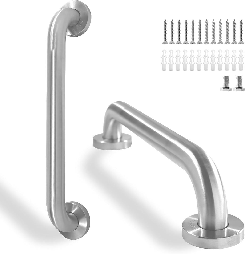 Rackickyer Shower Grab Bar, 2 Pack 16 Inch Brushed Nickel Bathroom Safety Bar, 1.25" Diameter 304 Stainless Steel Grab Bars for Bathtubs and Showers, Handicap Shower Grab Bar for Seniors Elderly