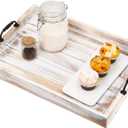 Rustic Vintage Big Wood Food Breakfast Serving Trays with Cutout Metal Handles(20 Inches) Large Nesting Board Decorative Serving Trays Platter in Bed, Ottoman, Coffee Table, BBQ, Party(Washed White