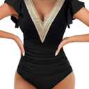 Buauty Womens One Piece Swimsuits Tummy Control Bathing Suits Deep V Lace Neckline Ruffle Swimwear Women 2025 (Large, Black)