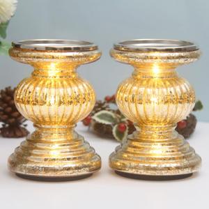 Mercury Glass Pillar Candle Pedestal Holders with Lights Set of 2,Candle Holder for Pillar Candle,Candlestick Holders,Perfect Decoration for Wedding Home Dining Table Xmas (Gold)