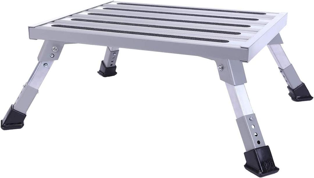 Homeon Wheels Large RV Step Stool, Adjustable Height Aluminum Folding Platform Step and Ladder with Non-Slip Rubber Feet, More Stable Supports Up to 1,500lbs Safety RV Steps 19" x 14.5"