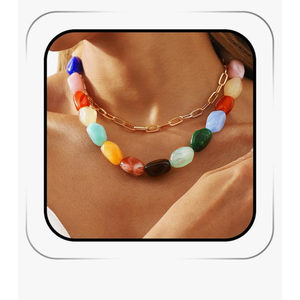 Colorful Gemstone Chunky Choker Necklaces Gold Vintage 2 Layered Chokers Rave Statement Neck Chain for Women