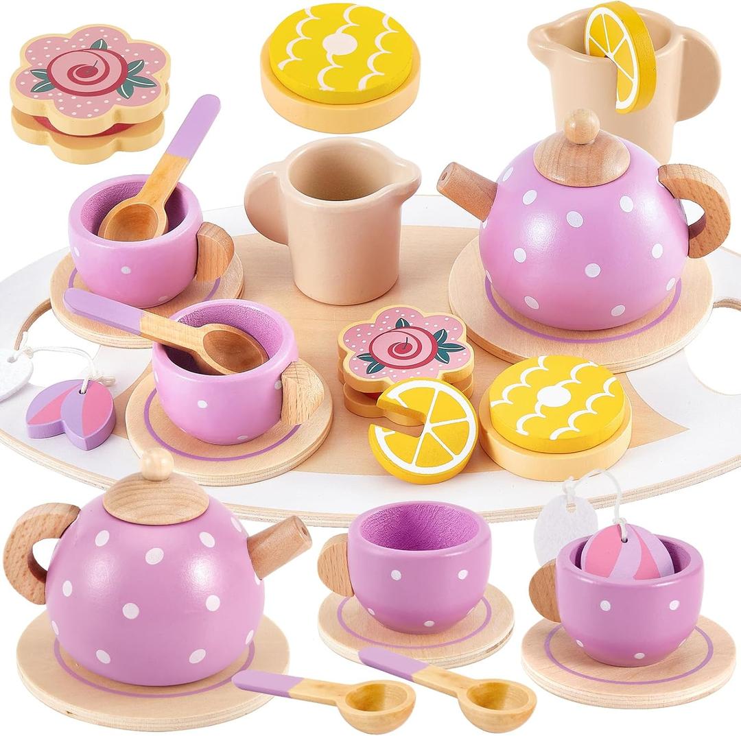 BUYGER Kids Wooden Tea Party Set for Little Girls Toddler Pretend Play Food Kitchen Accessories Princess Birthday Gifts for Ages 3 4 5 Years Old