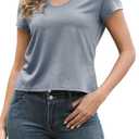 DeXianLai Tshirts Shirts for Women Summer Tops 2026 Spring Short Sleeve Crew Neck Beach Vacation Clothes Solid Color Shirt Grey M