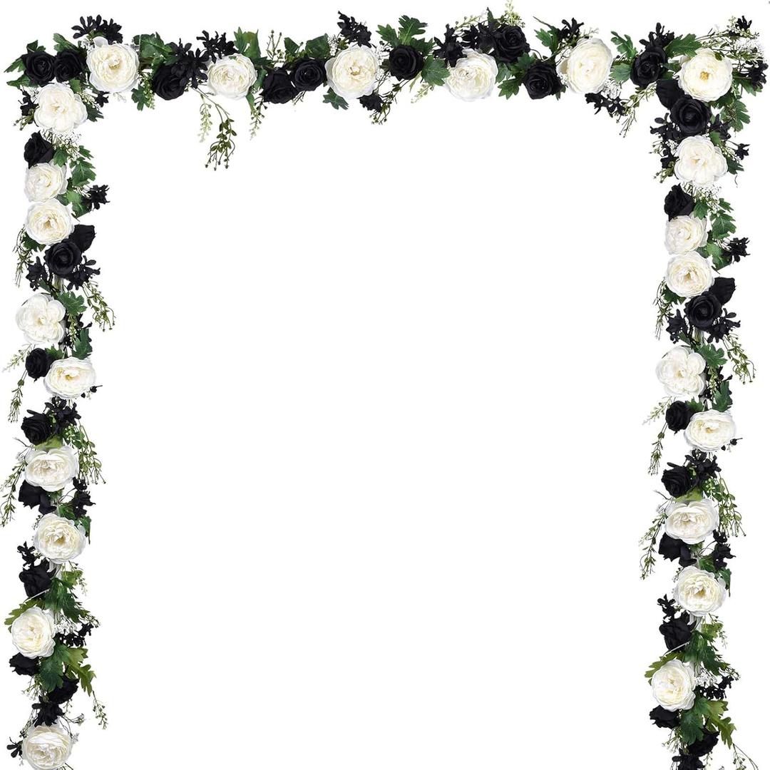 Lvydec 2 Pack Artificial Peony Flower Garland - 6ft Silk Peony Flower Garland for Wedding Party Table Decoration (Black & White)