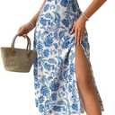 Floerns Women's Off Shoulder Floral Milkmaid Dress Puff Sleeve Slit Midi Dresses Blue and White Large