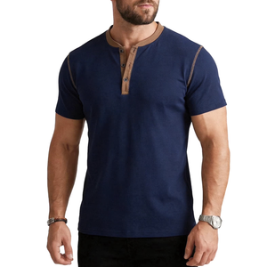 Mens Henley Shirts Short Sleeve Cotton Blend Slim Fit T-Shirts Breathable Moisture Wicking Athletic Casual Workout Tee (Blue, L)