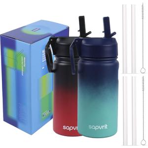 Water Bottle, 12 oz Water Bottles with Straw and Stickers, Stainless Steel Vacuum Double Wall Insulated cup,Water Bottle for School, Gifts for Girls (12OZ BLACK RED+12OZ BLUE GREEN)