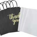 DjinnGlory 50 Pack Medium Sized Black Thank You Paper Bags with Handles 10x8x4 Inches and White Tissue Paper for Small Busines Wedding Baby Shower Graduation Party Favors Treats Goodies