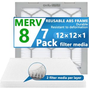 12x12x1 MERV 8 Air Filter,AC Furnace Air Filter,Reusable ABS Plastic Frame, 7 Pack Replaceable Filter Media (Actual Size: 11 3/4" x 11 3/4" x 3/4")