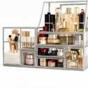 Glass Makeup Organizer for Vanity/Stackable 2Pieces Drawer Set/Antique Countertop Vanity Cosmetic Storage Box Mirror Glass Beauty Display, Holder for Brushes Lipsticks Skincare Toner (Silver)