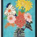 Yidepot Teal Gold Flowers Wall Decor - Vase Flower Boho Blue Floral Art Prints Fake Black Frame Colorful Art Work for Bedroom Walls 16"x24"-black wood frame