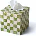 5.7" Square Tissue Box Cover, Handmade Checkered Cube Tissue Box Cover with Capiz Shells, Decorative Tissue Holder for Living Room, Bathroom, Bedroom or Office (Pistachio Green)