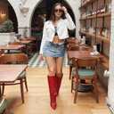 KaroNairy Women’s Knee High Boots, Fold Over Tall High Heel Boots Stiletto Pointed Toe Fashion Dress Boots for Fall Winter Red, Size 8.5
