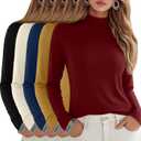 5 Pack Women's Cotton Mock Turtleneck Long Sleeve T-Shirts, Basic Tops Slim Fitted Stretch Underwear Layer Tee (XX-Large, Black, Cream, Haze Blue, Ginger Yellow, Wine Red)