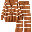 Womens Oversized Striped 2 Piece Sets Button Up Cardigan and Wide Leg Pants with Pockets Fall Pajama Outfit, XL 