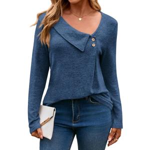 Yousify Womens Asymmetric V Neck Shirts Long Sleeve Fall Dressy Casual Button Down Tunic Tops Business Loose Fit Blouses (Medium, Dark Blue)