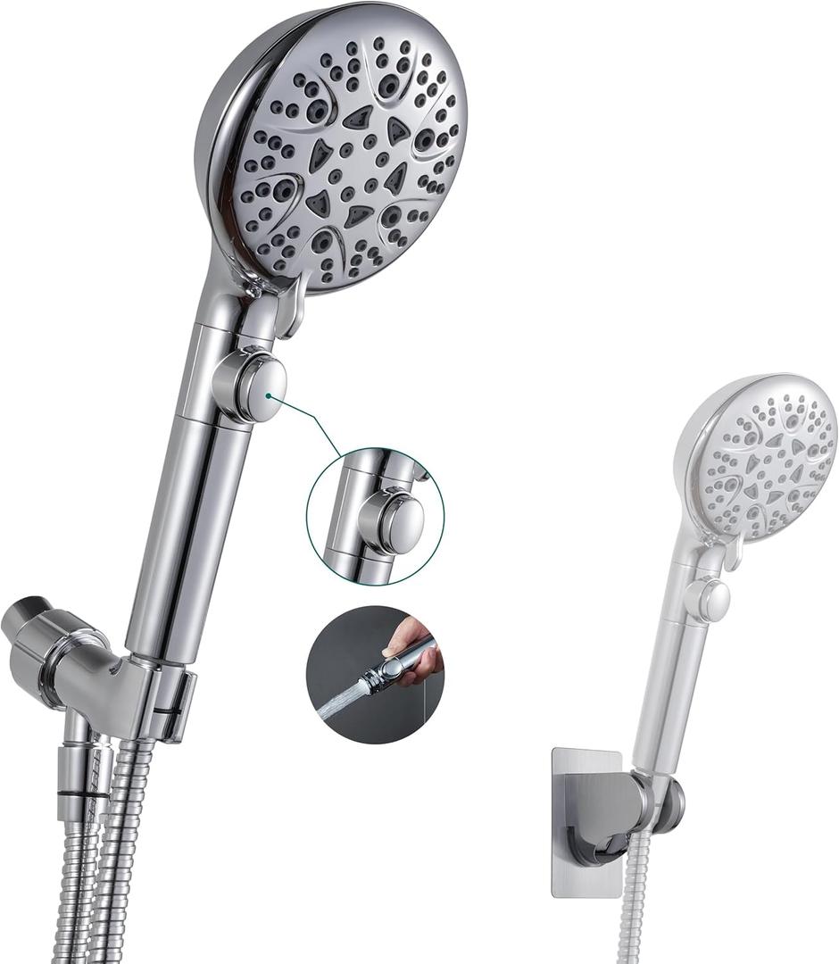 GwernKB Handheld Shower Head with On Off Switch 8-Mode High Pressure Showerhead with 79 Inches Extra-long Stainless Steel Hose and Bracket PLUS Extra Low-Reach Adhesive Wall Mount for Kids,Silver
