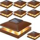 Solar Post Cap Lights Outdoor 8pack, Brown Waterproof Solar Powered Deck Fence Post Lights Fit 4x4 Wood/Vinyl Posts, Bright Warm White Solar Post Lights Decorate Deck, Patio, Porch, Fence