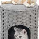 SETVSON Cat House for Indoor Cat, Small Cat Houses Handwoven PE Rattan Kitten Cave, Pet Kitten Bed Covered, One Bed Pad, 13 x 13 x 13.7 Inches, Foldable Hideaway in Living Room Gray