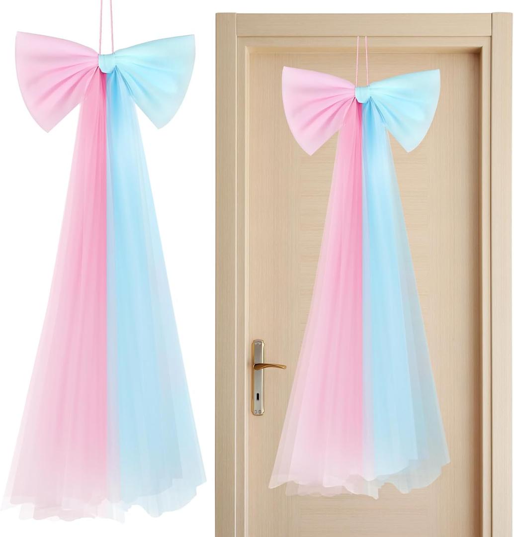 Zeyune Large Pink Bow Party Decorations 13.4 x 28.7 Inch Hanging Mesh Bow for Baby Shower Girls Boys Birthday Bachelorette Wedding Ribbon Bows for Gift Wrapping DIY Craft Party Decor (Pink and Blue)