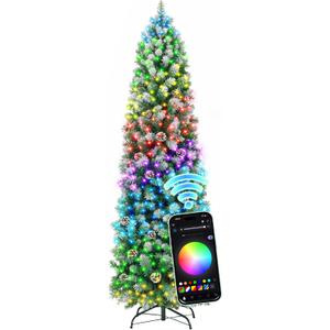 HOLLO STAR 6 ft Prelit Christmas Tree with 233 LED Lights, App Control, Slim Pencil Christmas Tree, Multi-Color RGBW Lights, 588 Flocked Frosted Tips, Xmas Tree, 51 Pine Cones, for Home, Party