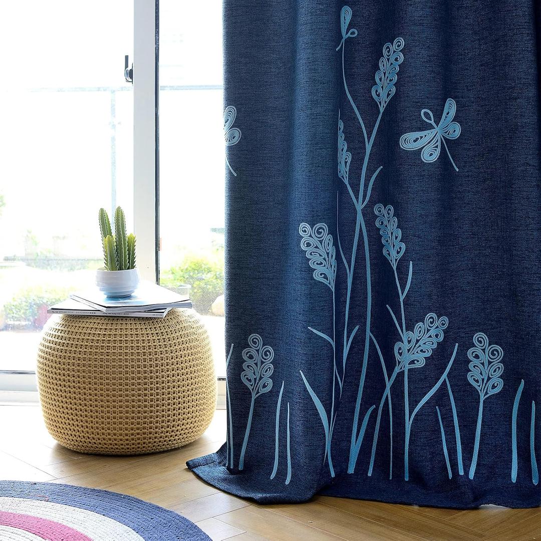 Melodieux Wheat Embroidery Linen Textured Curtain for Living Room Bedroom, Rustic Farmhouse Style Flax Drape Grommet, Blue Wheat/Navy, 52 by 84 Inch (1 Panel)