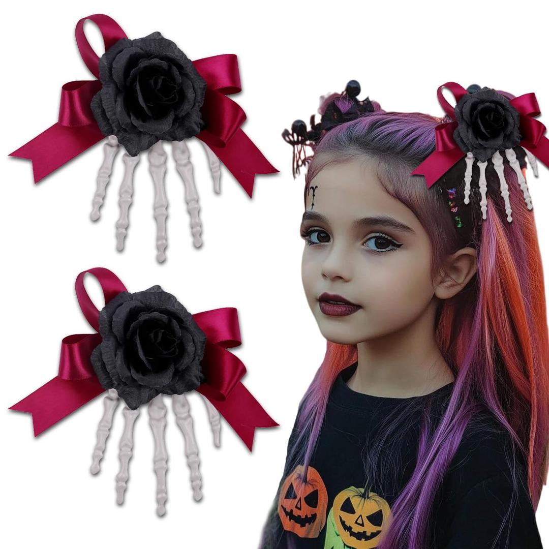 2 x 1Pcs Halloween Hair Clips for Women YEFIUO Bow Hair Ties No Damage Skeleton Hand Flat Alligator Claw Clips Fashion Rose Flower Barrettes Hair Accessories Decoration Halloween Gifts for Girls (Black)