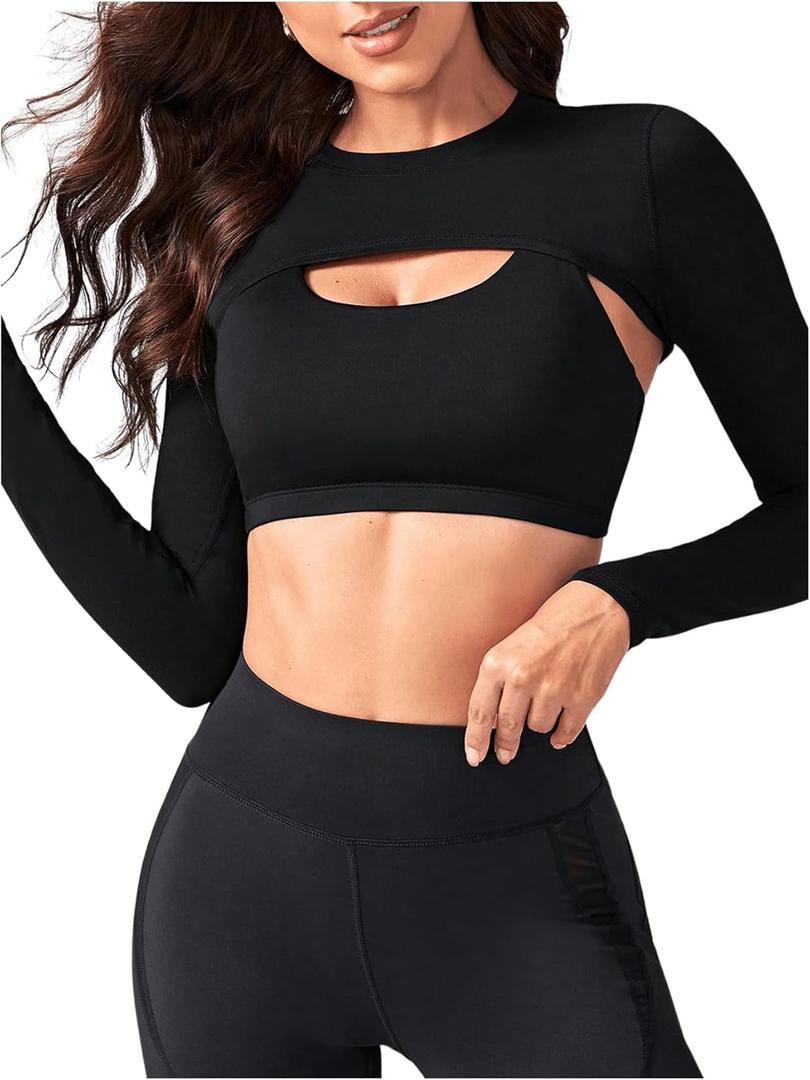 SweatyRocks Women's Ultrashort Cutout Workout Crop Top Exercise Long Sleeve Tee Shirt (Medium, Black)