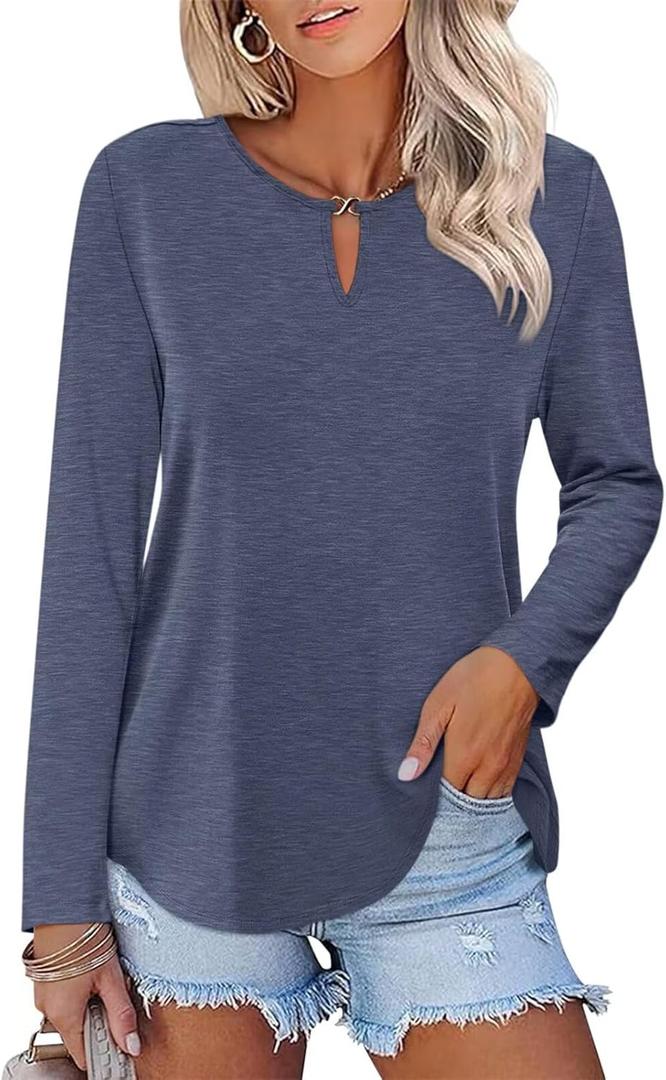 ORANDESIGNE Women's Long Sleeve Shirts Casual Fall Ladies Tunics Tops (XX-Large, Navy)