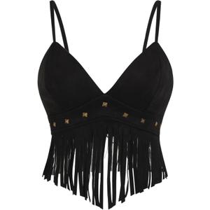OYOANGLE Women's Y2K Fringe Sleeveless Spaghetti Strap Faux Suede Vintage Hippie Crop Top Blouse (Medium, Black)