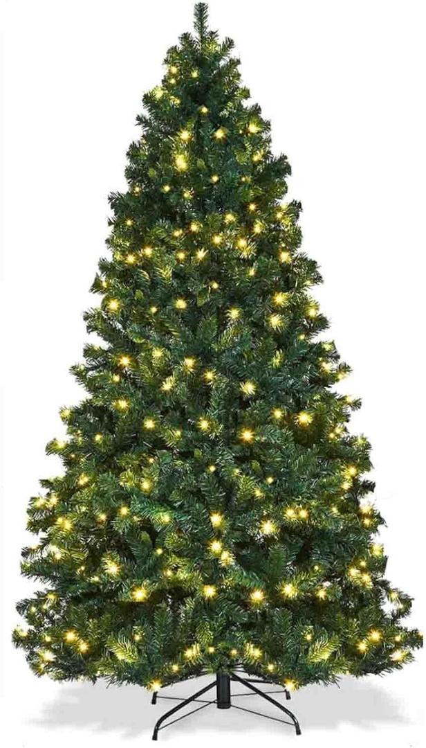 6ft Pre-Lit Artificial Christmas Tree with Warm White Lights & Sturdy Metal Stand Realistic Green Spruce Xmas Tree Holiday Christmas Pine Tree for Home, Office and Xmas Party Decoration, Easy Assembly