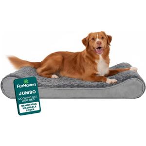 FurHaven Orthopedic Dog Bed for Large Dogs, Luxe Lounger Contour with Cool Gel-Top Foam & Solid Orthopedic Foam Base for Joint Support, Removable Washable Cover, Jumbo XL, Faux Fur & Suede, Gray (30" x 45" x 6", Ultra Plush (Gray))