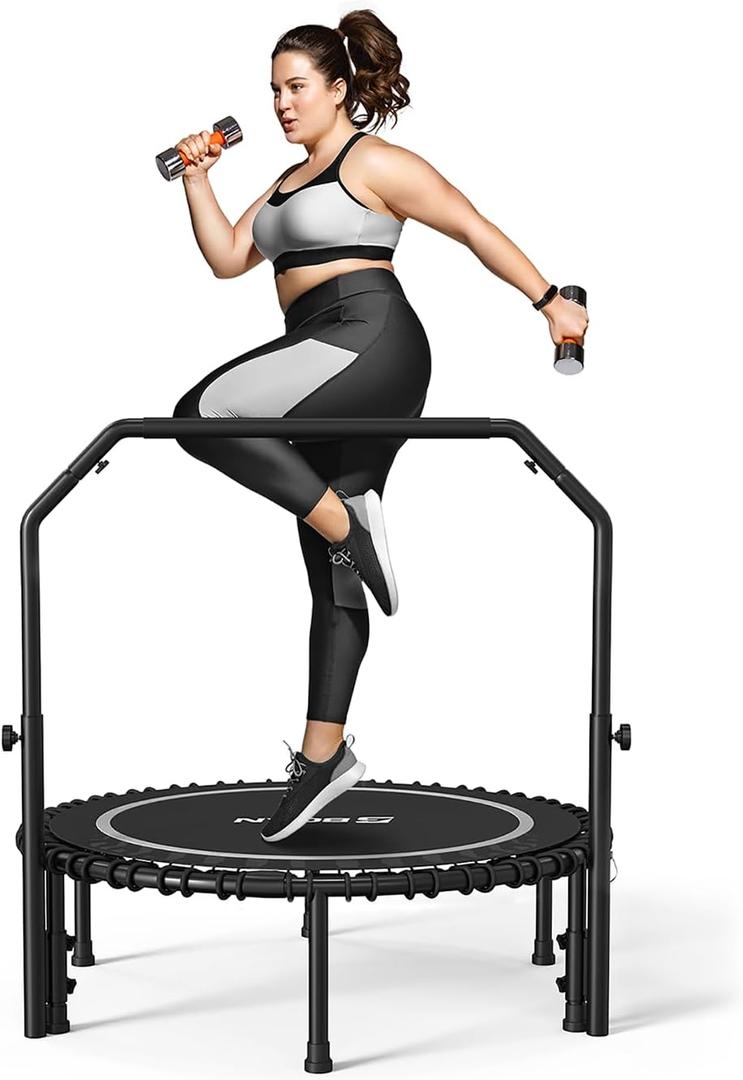 BCAN Adult Mini Trampoline, 40" Fitness Trampoline with Bungees, U Shape Adjustable Foam Handle, Stable & Quiet, Indoor Outdoor Workout-Silver