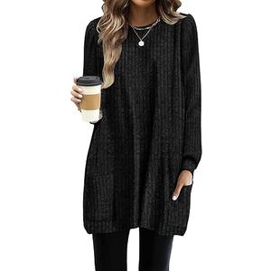 OFEEFAN Long Sleeve Shirts for Women Long Sweaters with Pockets Tunic Tops Loose Fit, Black , L