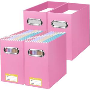 BALEINE File Organizer Box, Cardboard File Folder Organizer with Handle for Letter Size, Portable Collapsible Hanging Filing Box for Home Office Document Storage (4 Pack, Pink)