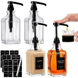 BIGIVACA 4 Pack Coffee Syrup Dispenser 16 oz,Clear Glass Syrup Bottle with 1/4oz Capacity Pump,Syrup Dispenser for Coffee Bar with Plastic Pump