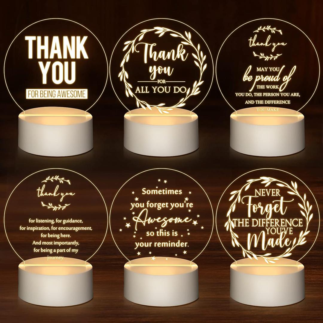 Kigley 6 Pcs Thank You Gifts in Bulk Appreciation Gifts for Teachers Employee Coworkers Staff Nurse Team Colleague Group Inspirational Acrylic Night Light LED Engraved Lamp(Round)