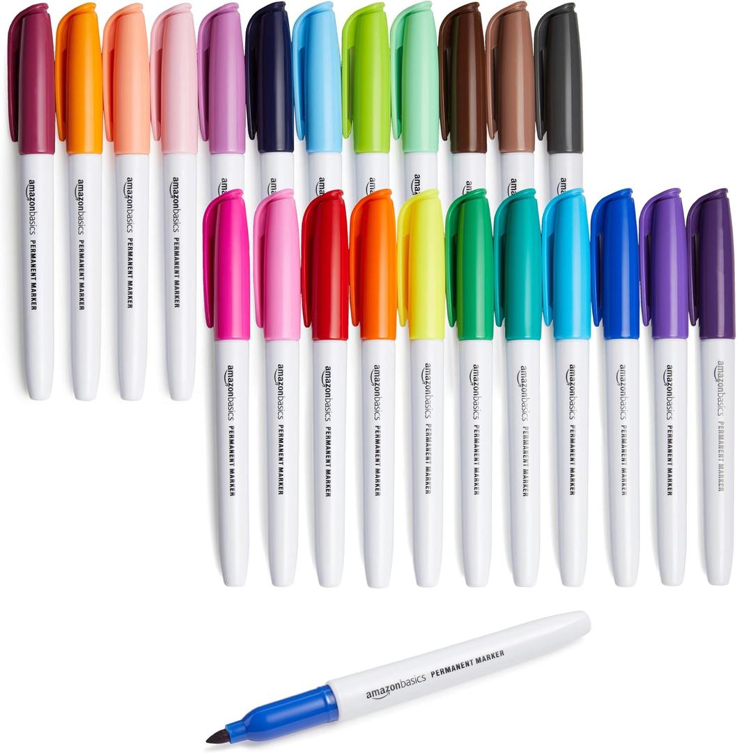 Amazon Basics Fine Tip Permanent Markers for Office, School, and Home Use, Assorted Colors, 24 Pack