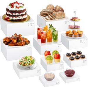 10 Pcs Buffet Food Risers, White Acrylic Dessert Cupcake Table Stands Fruit Display Shelf Set for Catering Supplies Party Jewelry Show Decor Display Risers Cube Box Nesting with Hollow Bottoms 8 Sizes
